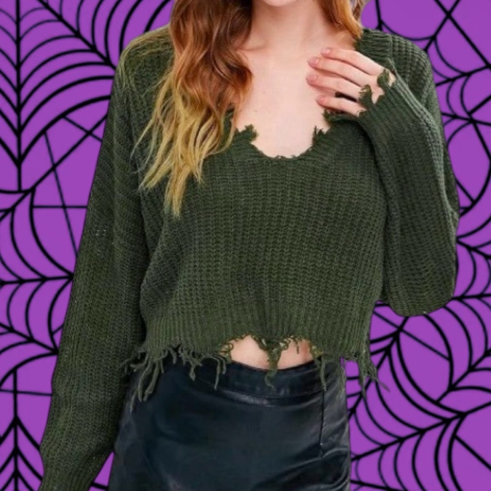 HYFVE Olive Distressed Ribbed Cropped Sweater